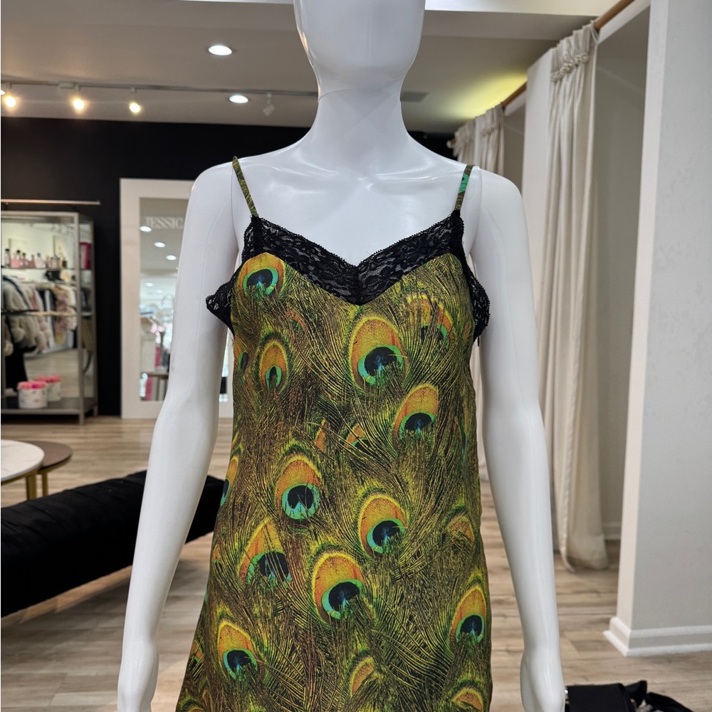 Peacock Feather Print Slip Top with Lace Trim